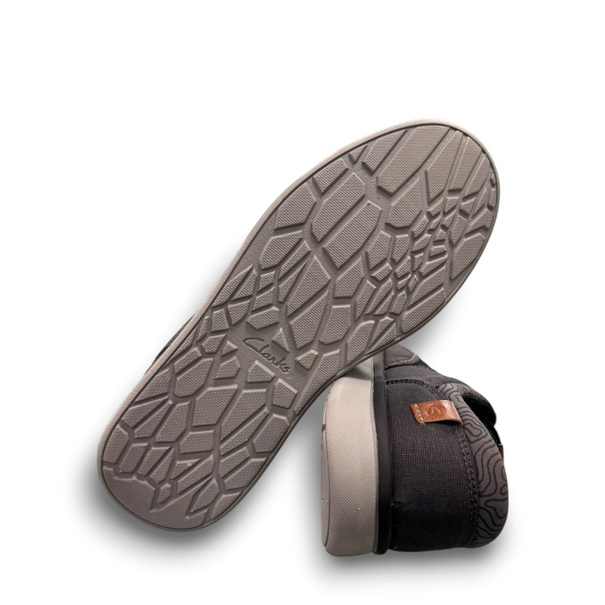 Clarks Cantal Low black canvas lace-up sneaker with a lightweight flexible EVA sole and patterned lining. bottom view