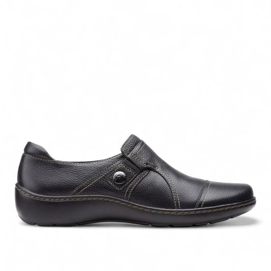 Clarks Cora Poppy black tumbled leather slip-on shoe with contrast stitching and metallic side detail. right view.
