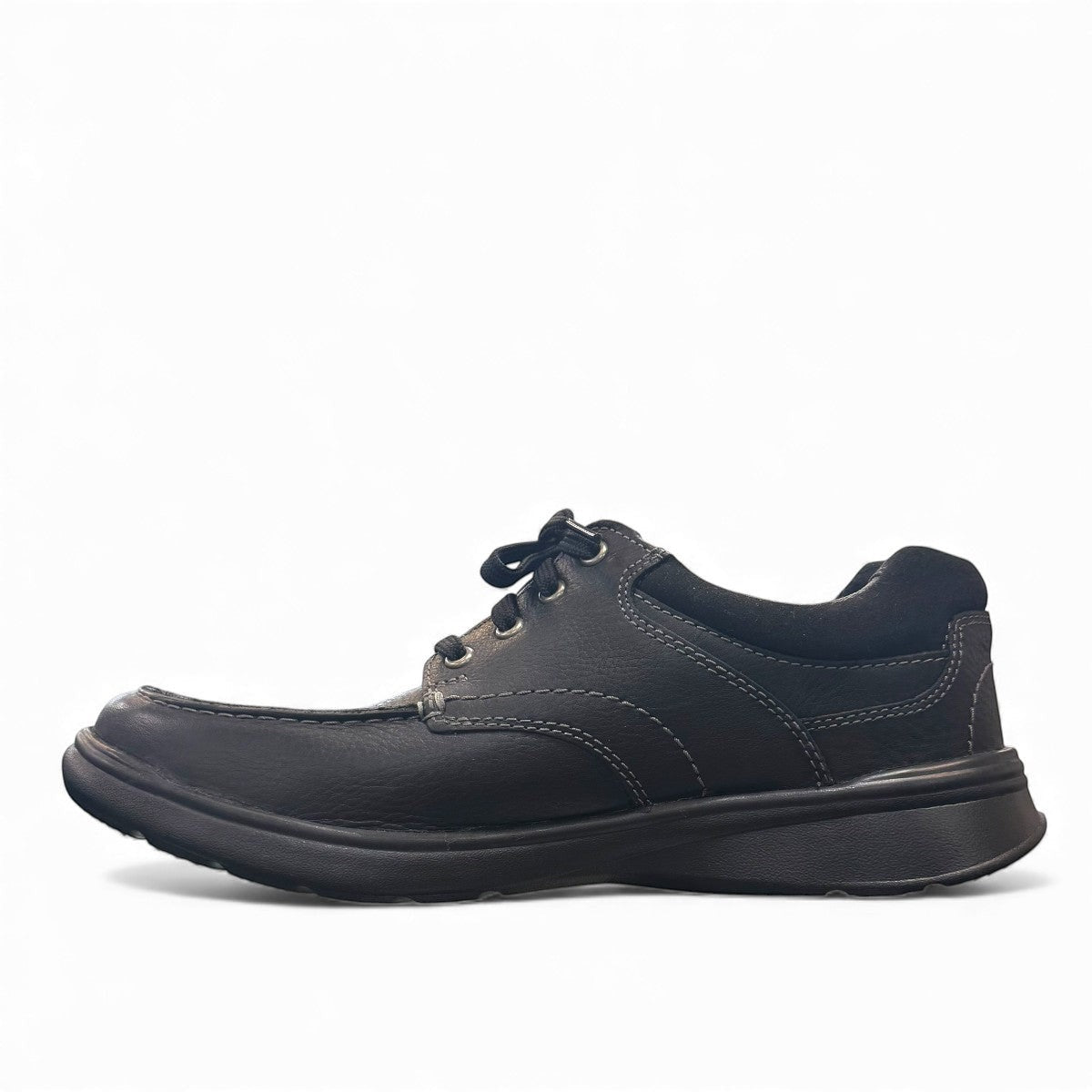 Clarks Cotrell Edge men's black oily leather casual shoes with contrast stitching and EVA sole. left view.