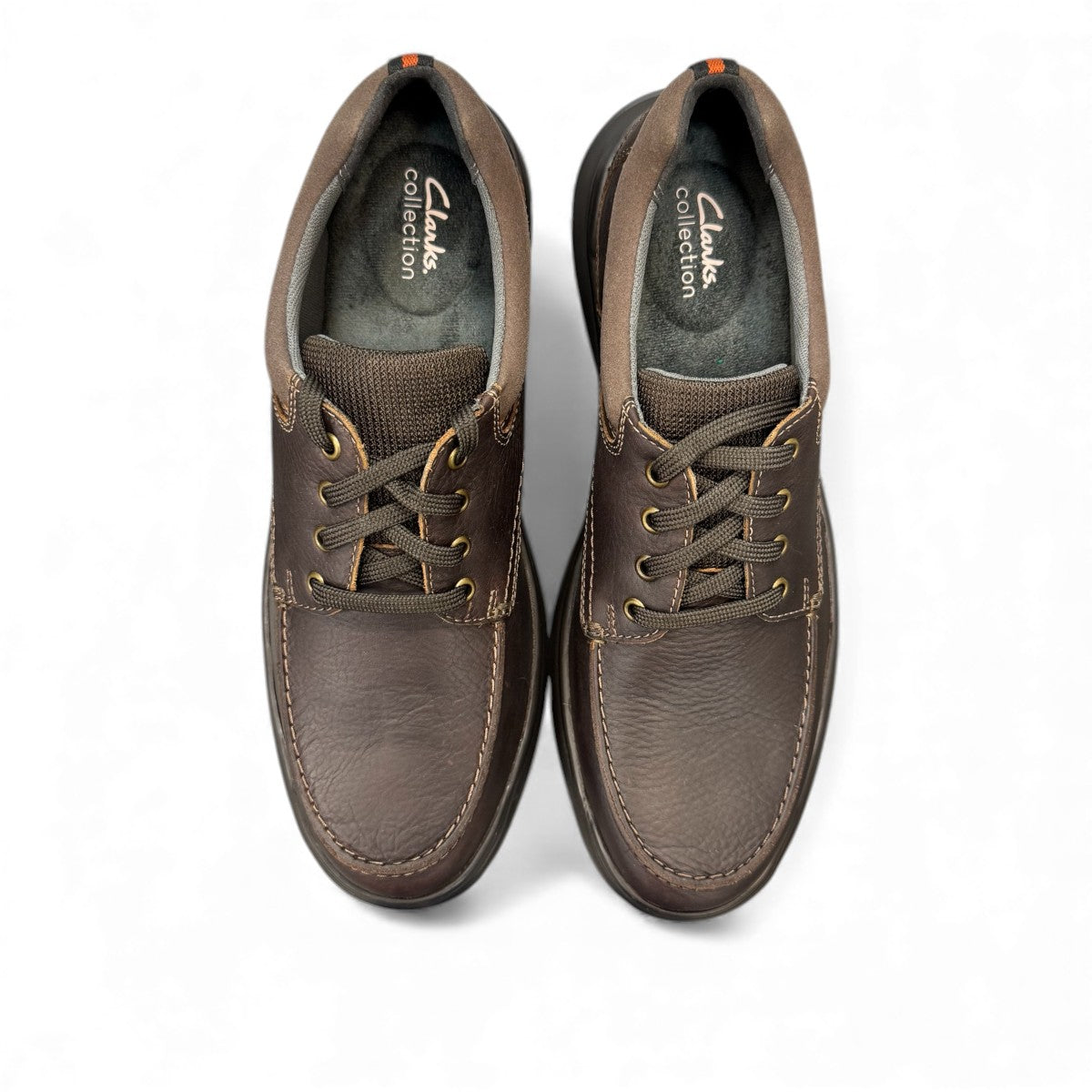 Clarks Cotrell Edge men's casual brown oily leather shoes with contrast stitching and EVA sole. top view.