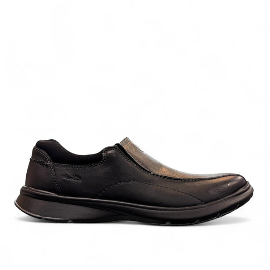 Clarks Cotrell Step men's slip-on shoe in black oily leather with a shock-absorbing rubber outsole. right view