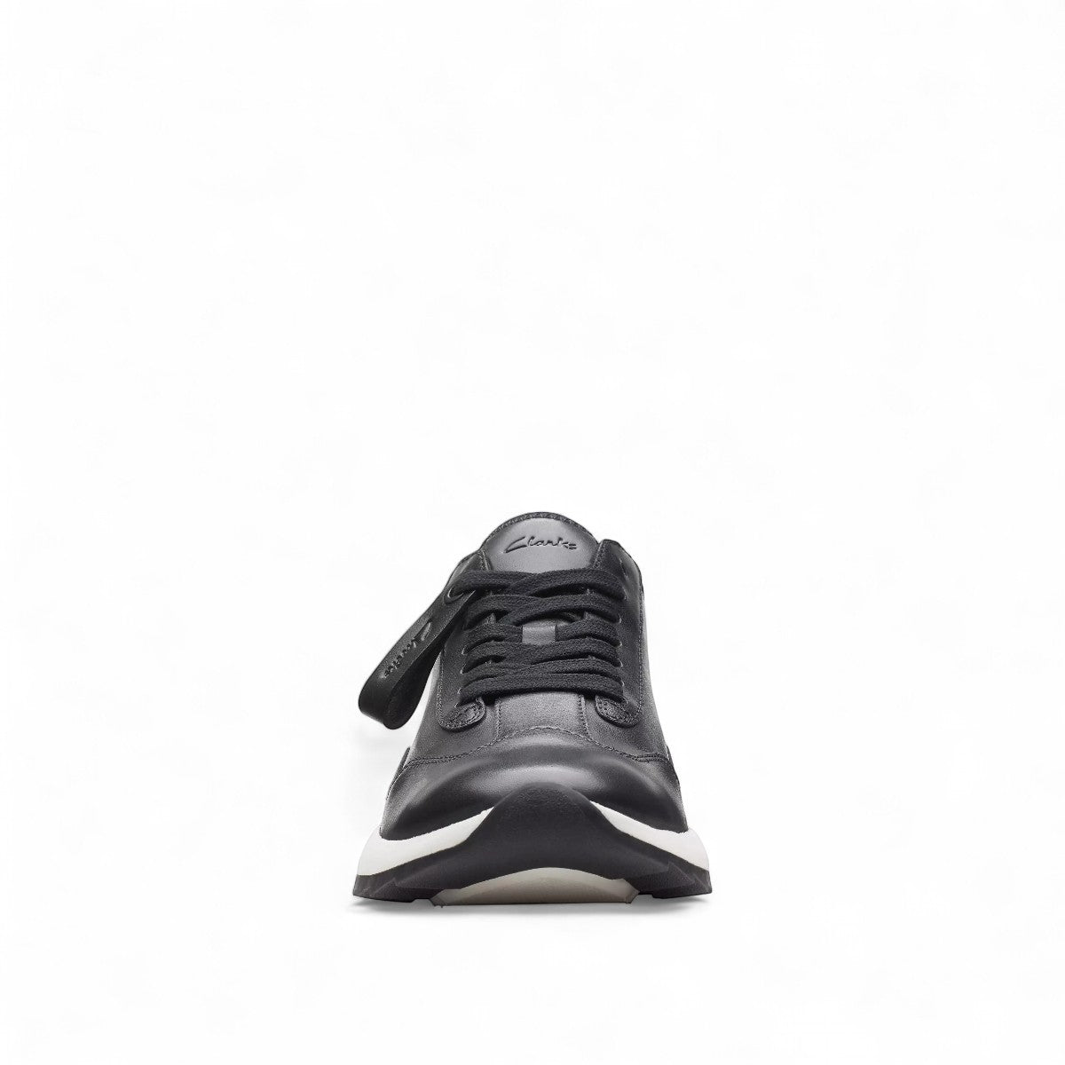 Clarks Dashlite Lo black leather sneaker with a white cushioned midsole and sporty retro silhouette.
photo of the front.