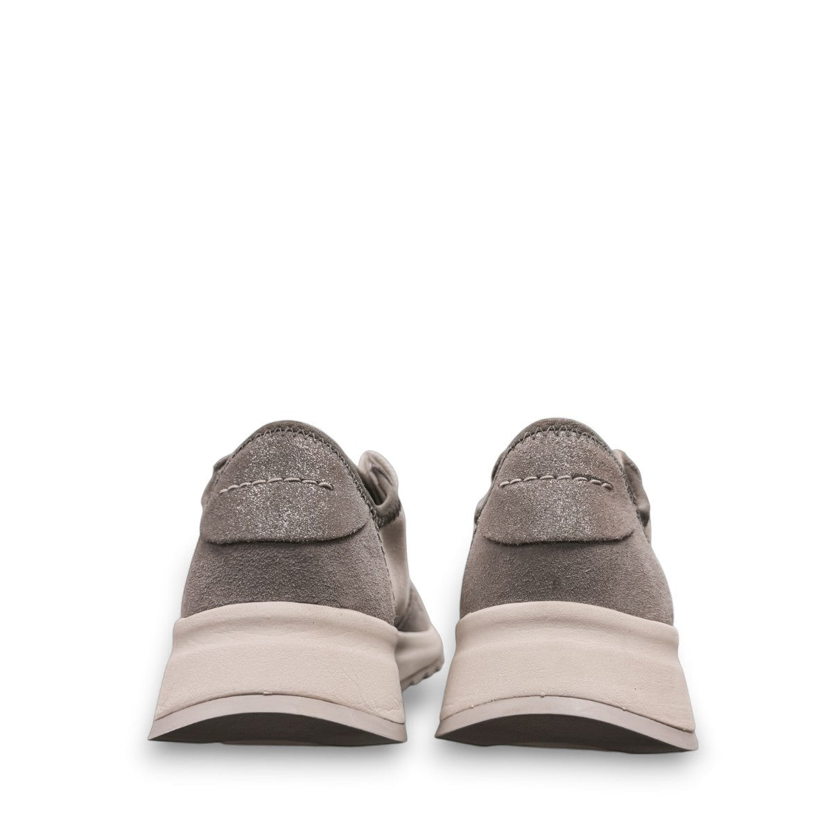 Clarks Dashlite Lo grey suede sneakers with a lightweight EVA midsole and gum rubber sole. photo of the back.