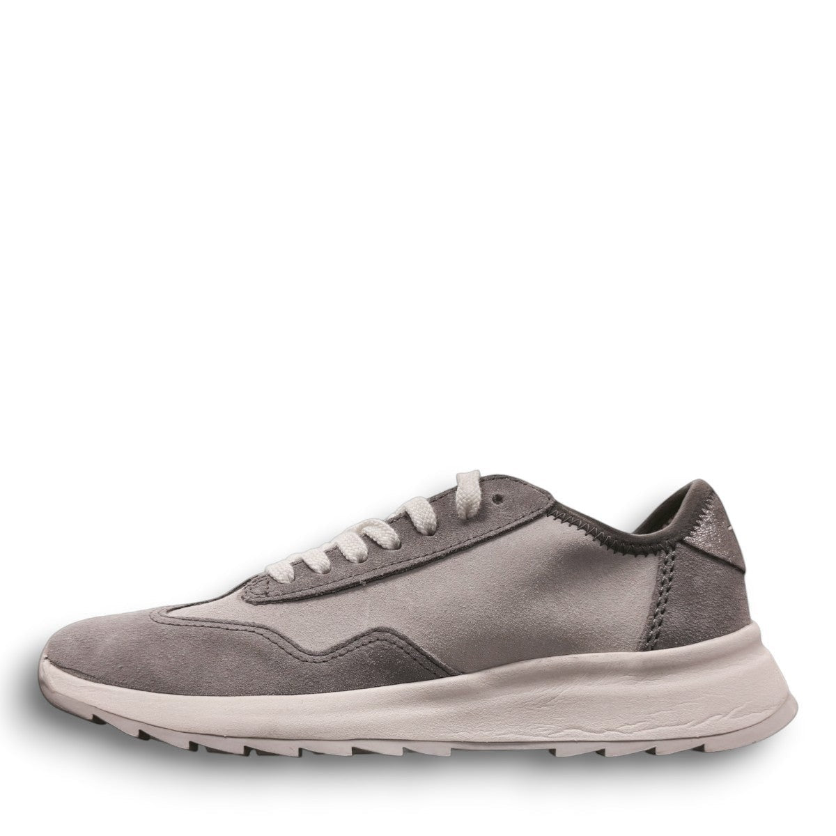 Clarks Dashlite Lo grey suede sneakers with a lightweight EVA midsole and gum rubber sole. photo of the left side.