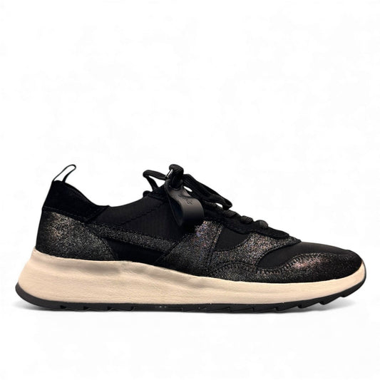 Clarks DashLite Jazz black leather sneaker with glitter accents and a lightweight white EVA midsole. right view.
