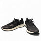 Clarks DashLite Jazz black leather sneaker with glitter accents and a lightweight white EVA midsole. front view.