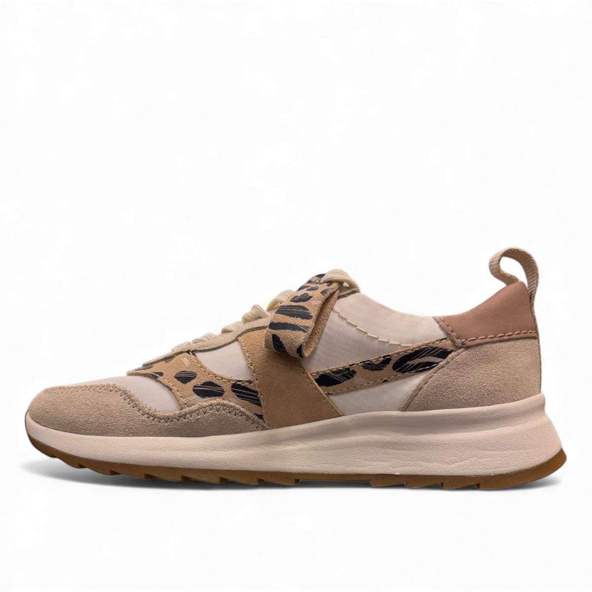 Clarks DashLite Jazz ivory leather sneaker with leopard print accents and a chunky white EVA midsole.
photo of the left side.