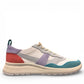 Clarks DashLite Jazz sneakers in lilac, teal, and coral leather with a retro jogger design and lace-up front. photo of the right side.
