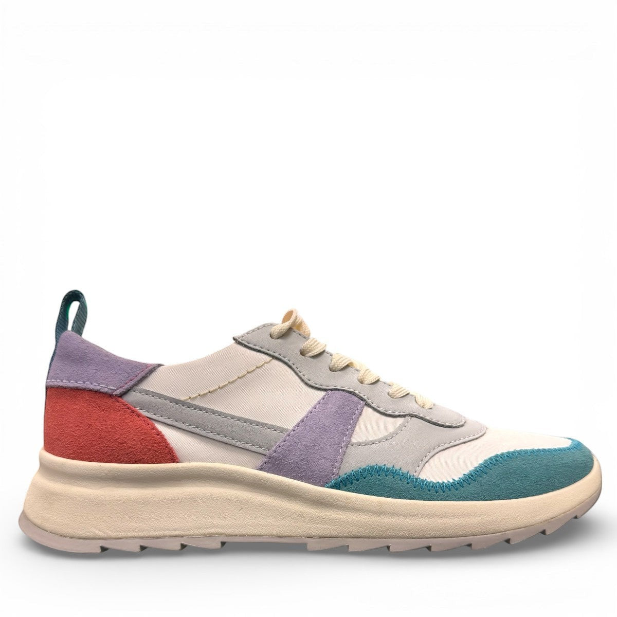 Clarks DashLite Jazz sneakers in lilac, teal, and coral leather with a retro jogger design and lace-up front. photo of the right side.