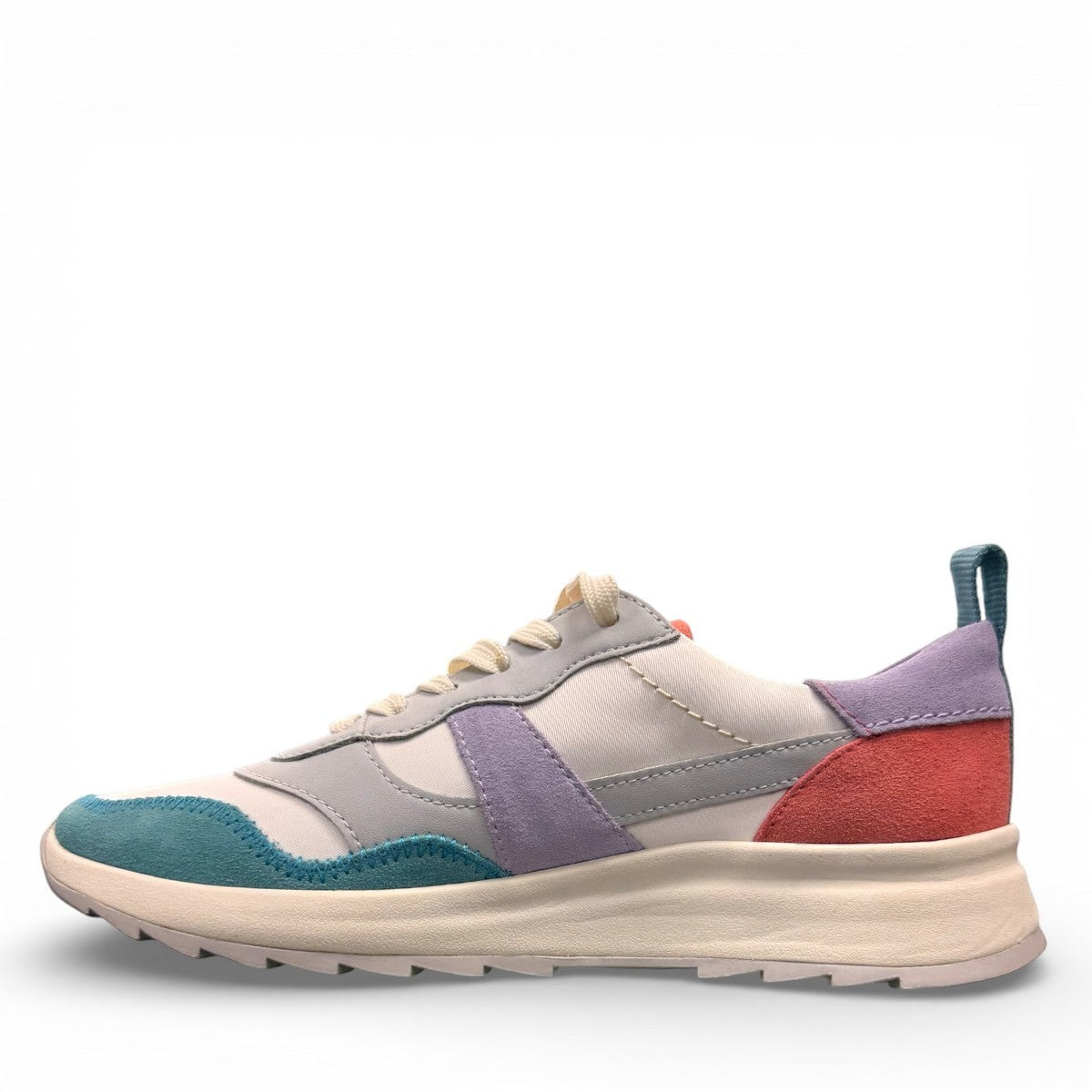 Clarks DashLite Jazz sneakers in lilac, teal, and coral leather with a retro jogger design and lace-up front. photo of the left.