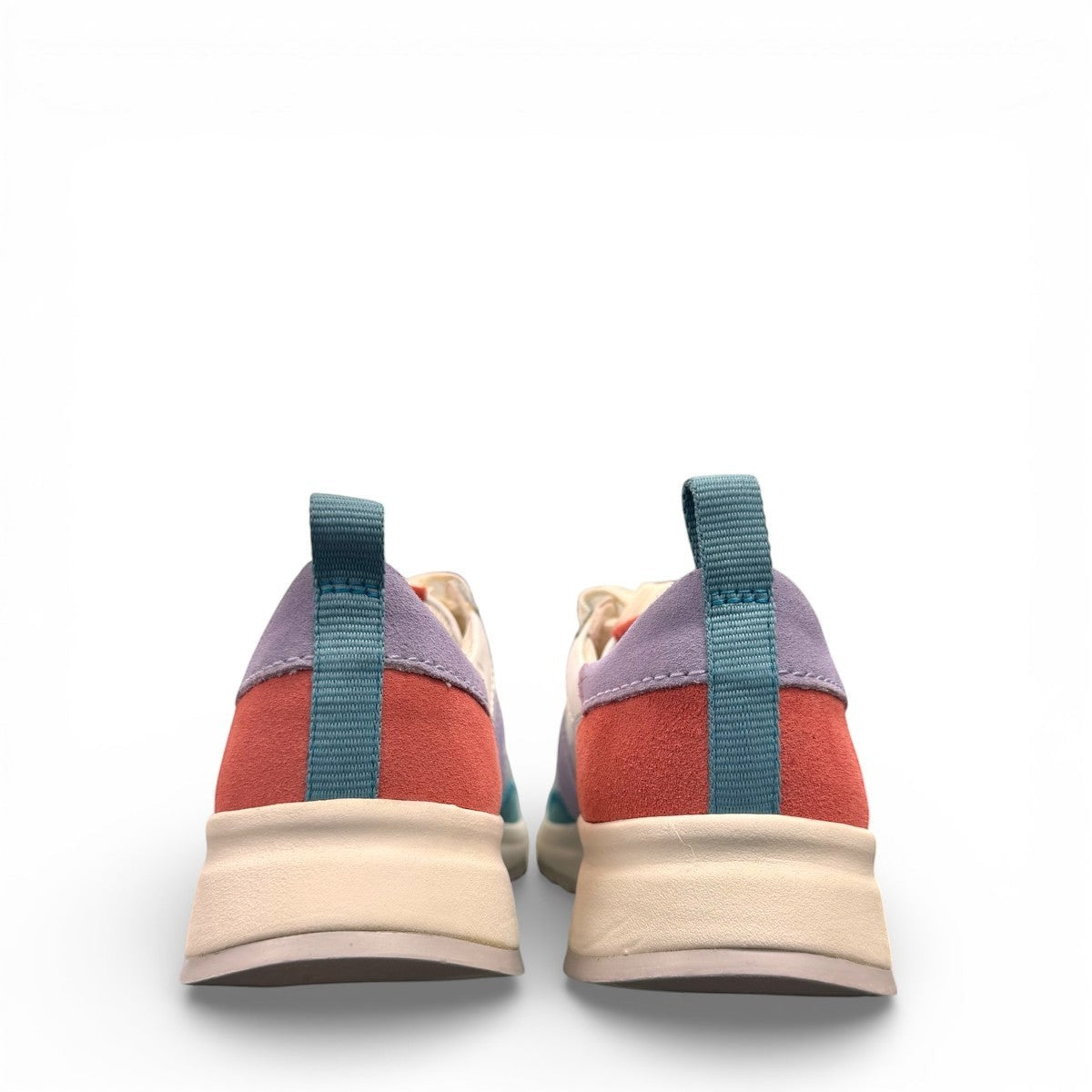 Clarks DashLite Jazz sneakers in lilac, teal, and coral leather with a retro jogger design and lace-up front. photo of the back.