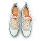 Clarks DashLite Jazz sneakers in lilac, teal, and coral leather with a retro jogger design and lace-up front. photo of the top.
