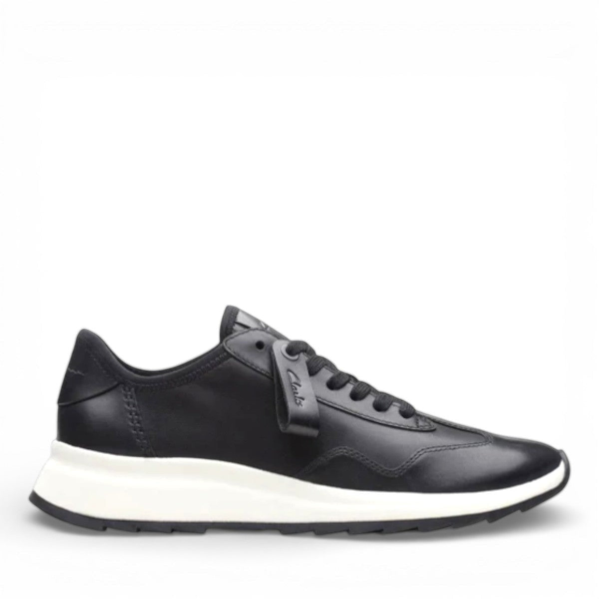 Clarks Dashlite Lo black leather sneaker with a white cushioned midsole and sporty retro silhouette.
photo of the right side.