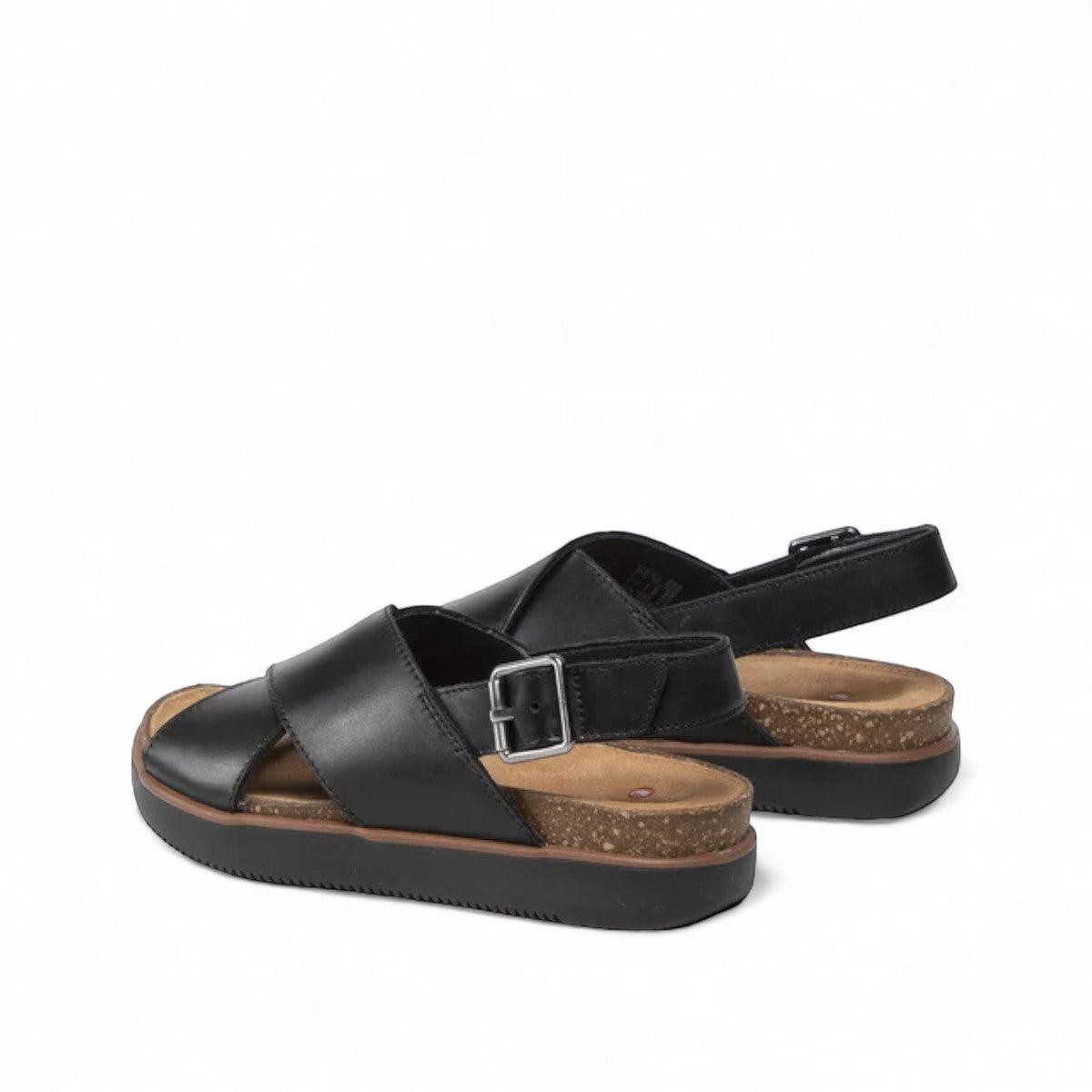 Clarks Elayne Cross black leather sandal with cork footbed and adjustable buckle strap. left view.