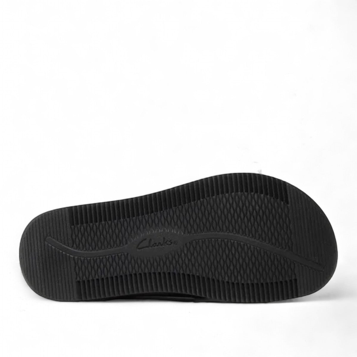 Clarks Elayne Cross black leather sandal with cork footbed and adjustable buckle strap. bottom view.