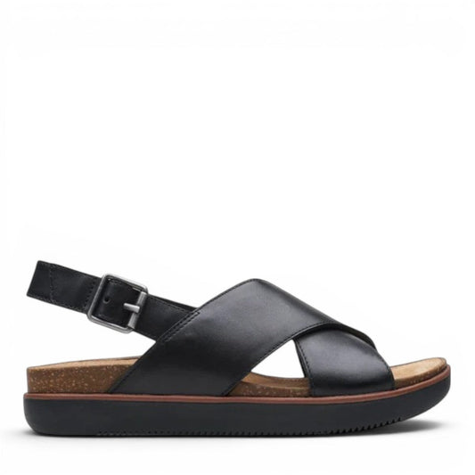 Clarks Elayne Cross black leather sandal with cork footbed and adjustable buckle strap. right view.