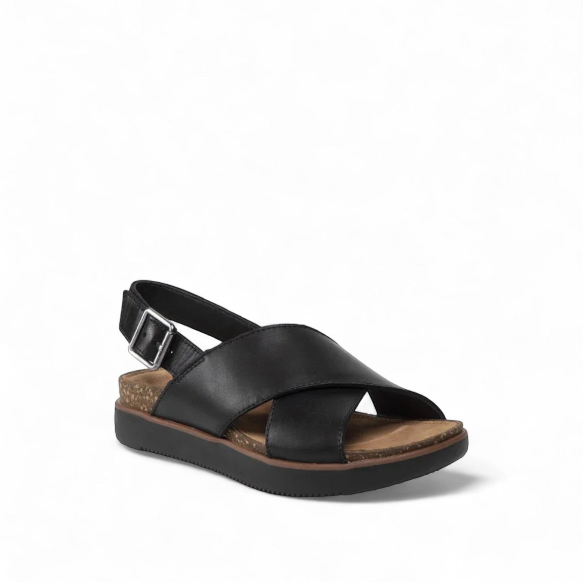 Clarks Elayne Cross black leather sandal with cork footbed and adjustable buckle strap. front view.