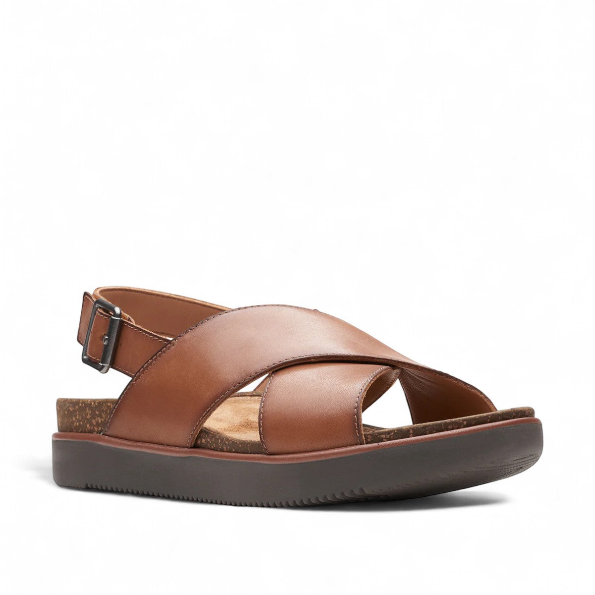 Clarks Elayne Cross dark tan leather sandal with a cork footbed and adjustable buckle strap. right view.