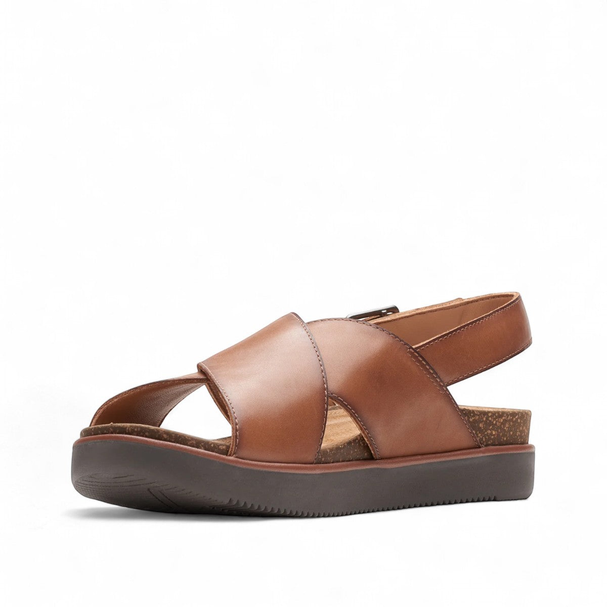 Clarks Elayne Cross dark tan leather sandal with a cork footbed and adjustable buckle strap. left view.