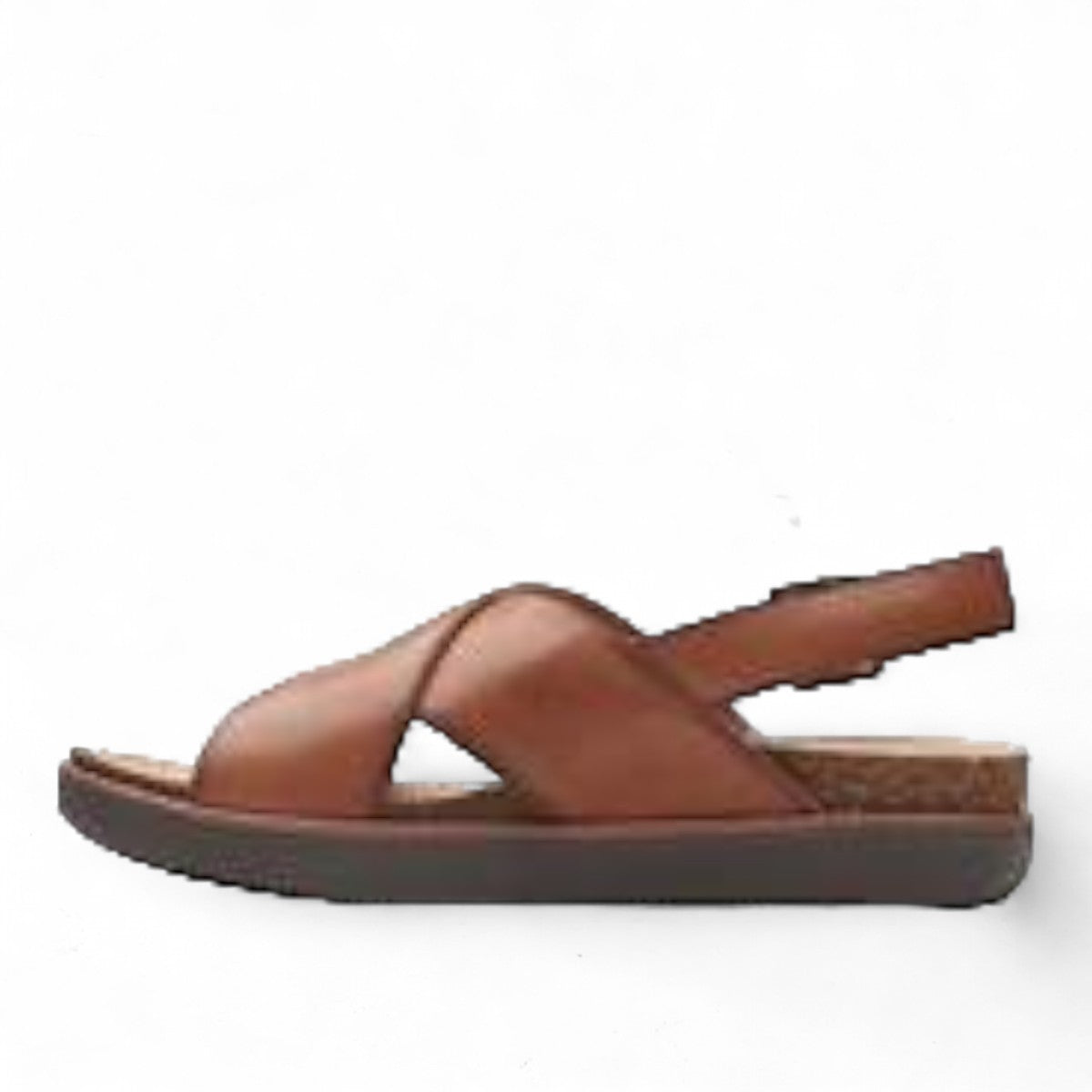 Clarks Elayne Cross dark tan leather sandal with a cork footbed and adjustable buckle strap. left view.