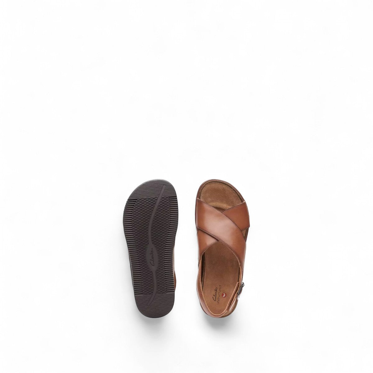 Clarks Elayne Cross dark tan leather sandal with a cork footbed and adjustable buckle strap. top view.