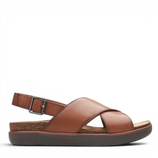 Clarks Elayne Cross dark tan leather sandal with a cork footbed and adjustable buckle strap. right view.