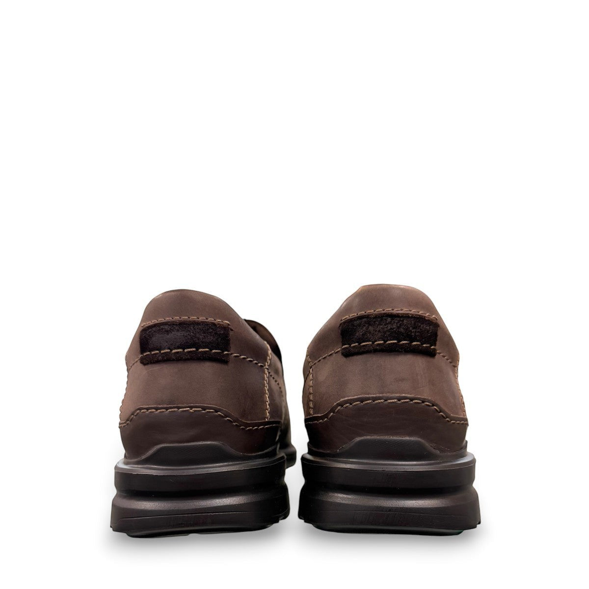 Clarks Gessler Step dark brown nubuck leather slip-on casual shoe with a lightweight EVA sole. photo of the back.