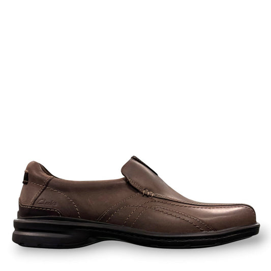 Clarks Gessler Step dark brown nubuck leather slip-on casual shoe with a lightweight EVA sole. photo of the right side.
