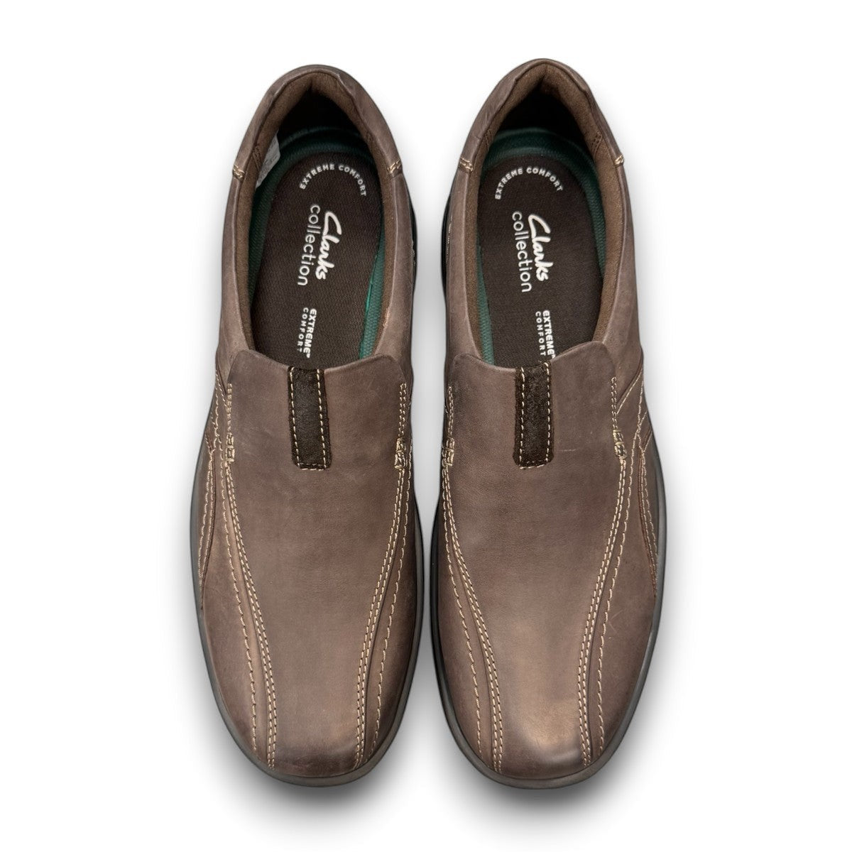Clarks Gessler Step dark brown nubuck leather slip-on casual shoe with a lightweight EVA sole. photo of the top.