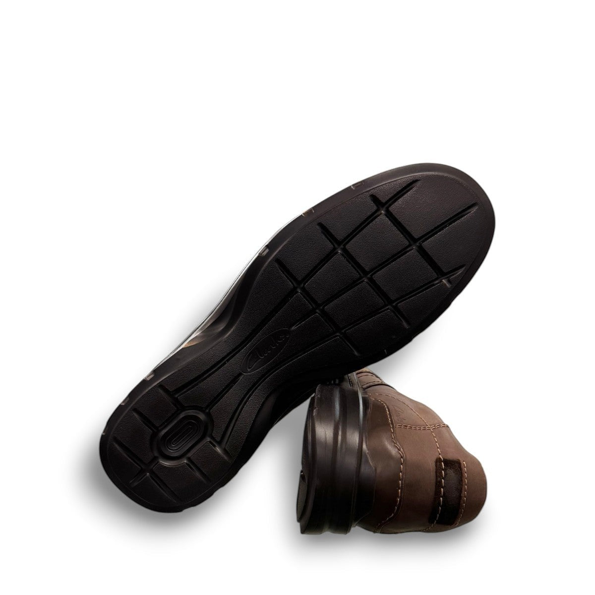 Clarks Gessler Step dark brown nubuck leather slip-on casual shoe with a lightweight EVA sole. photo of the bottom.