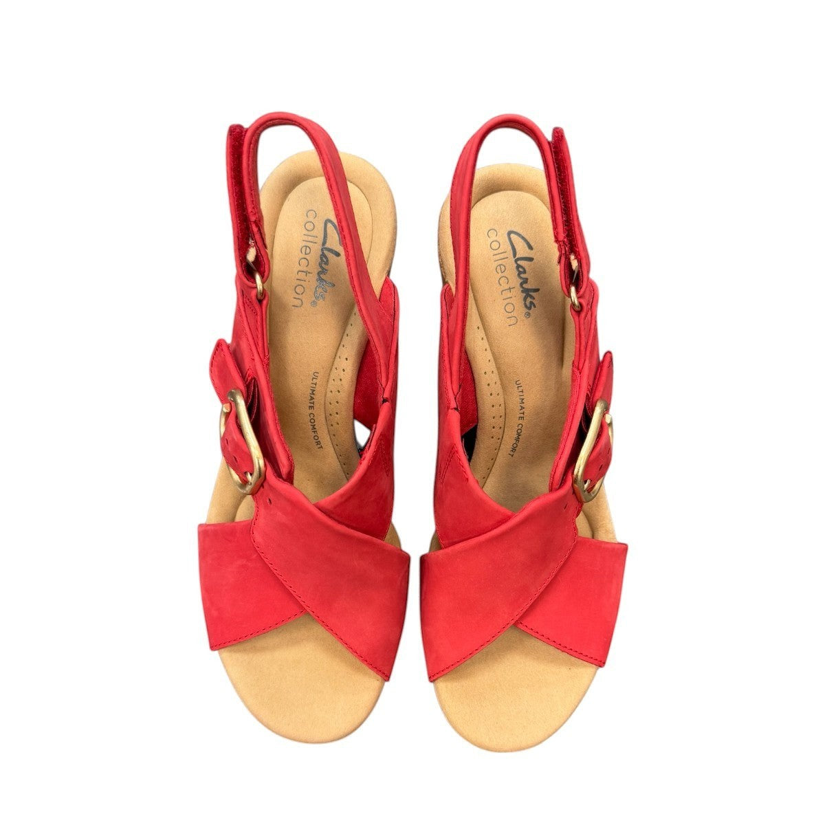 Clarks Giselle Dove cherry nubuck wedge sandal with an adjustable strap and cork heel. photo of the top.
