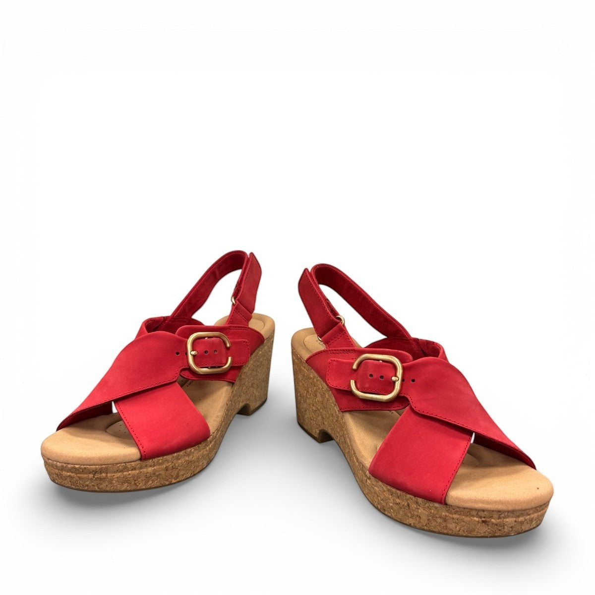 Clarks Giselle Dove cherry nubuck wedge sandal with an adjustable strap and cork heel. photo of the front.