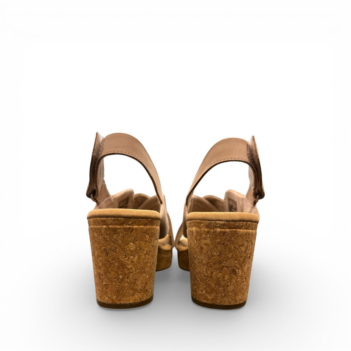 Clarks Giselle Dove sand nubuck leather wedge sandal with adjustable strap and cork heel. photo of the back.