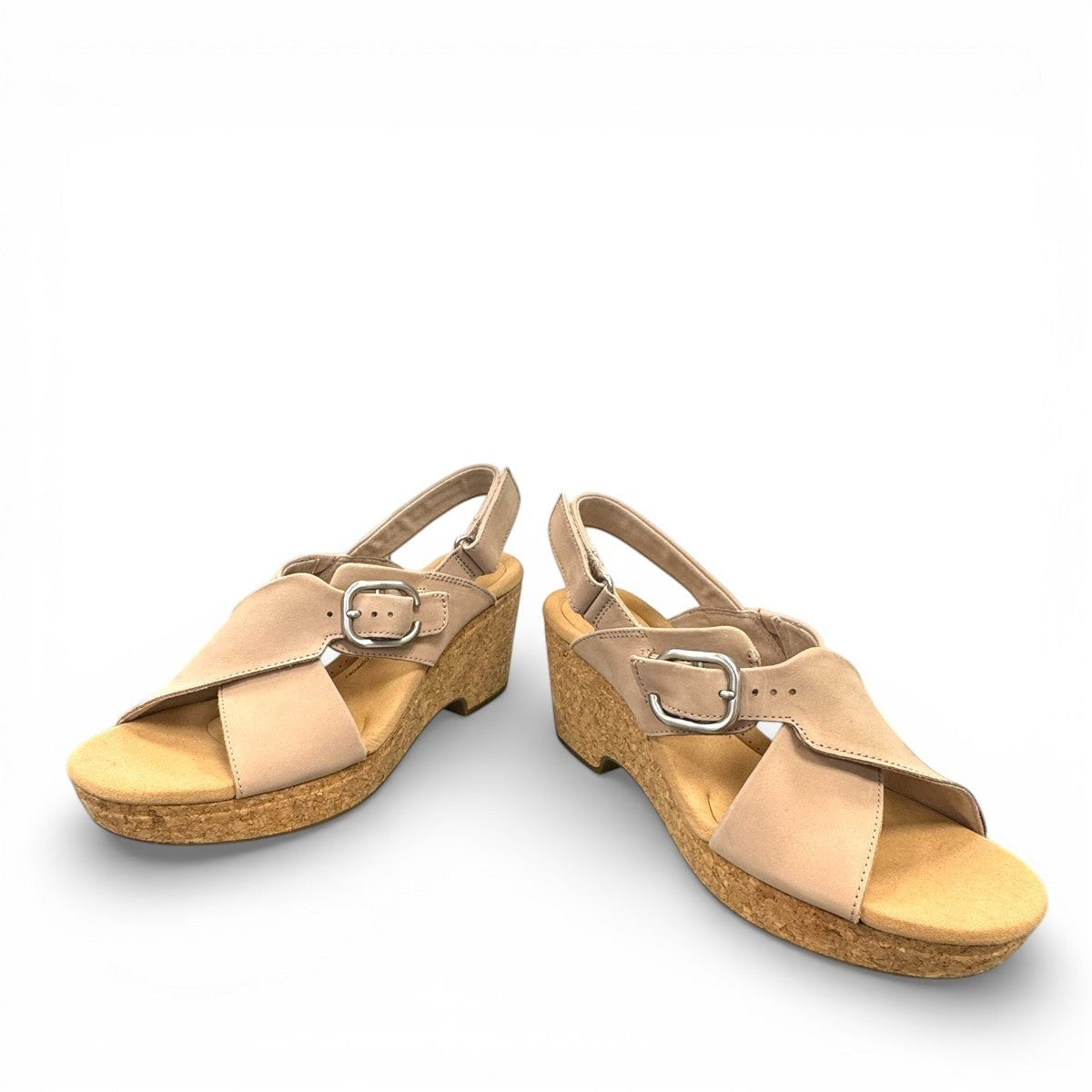 Clarks Giselle Dove sand nubuck leather wedge sandal with adjustable strap and cork heel. photo of the front.