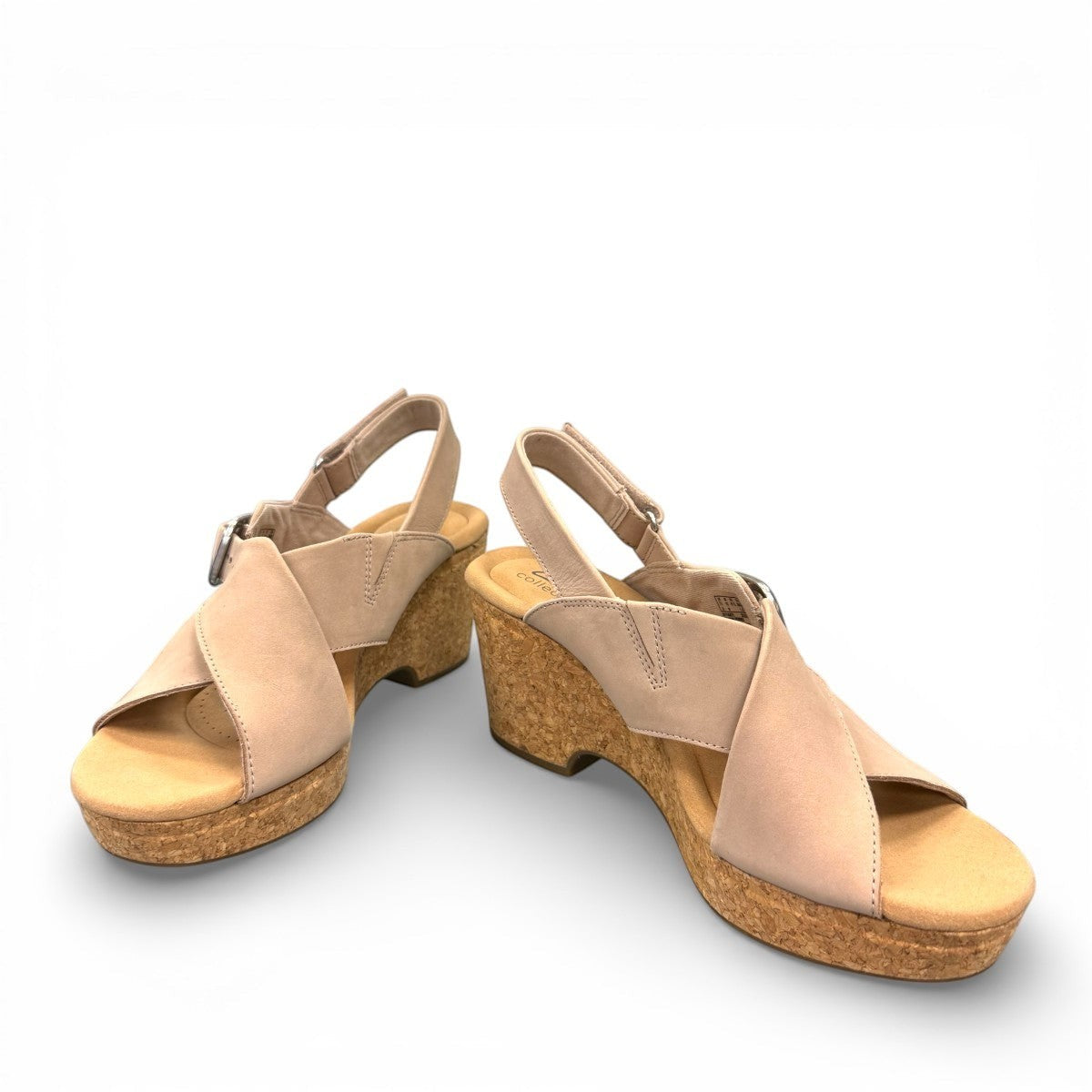 Clarks Giselle Dove sand nubuck leather wedge sandal with adjustable strap and cork heel. photo of the front.