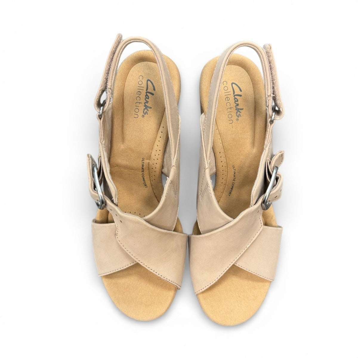 Clarks Giselle Dove sand nubuck leather wedge sandal with adjustable strap and cork heel. photo of the top.