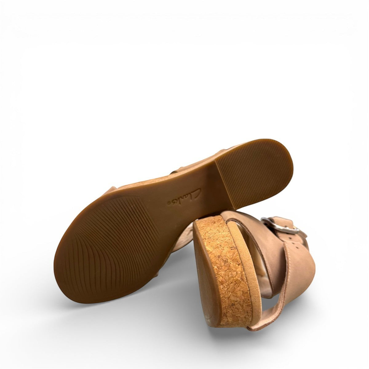 Clarks Giselle Dove sand nubuck leather wedge sandal with adjustable strap and cork heel. photo of the bottom.