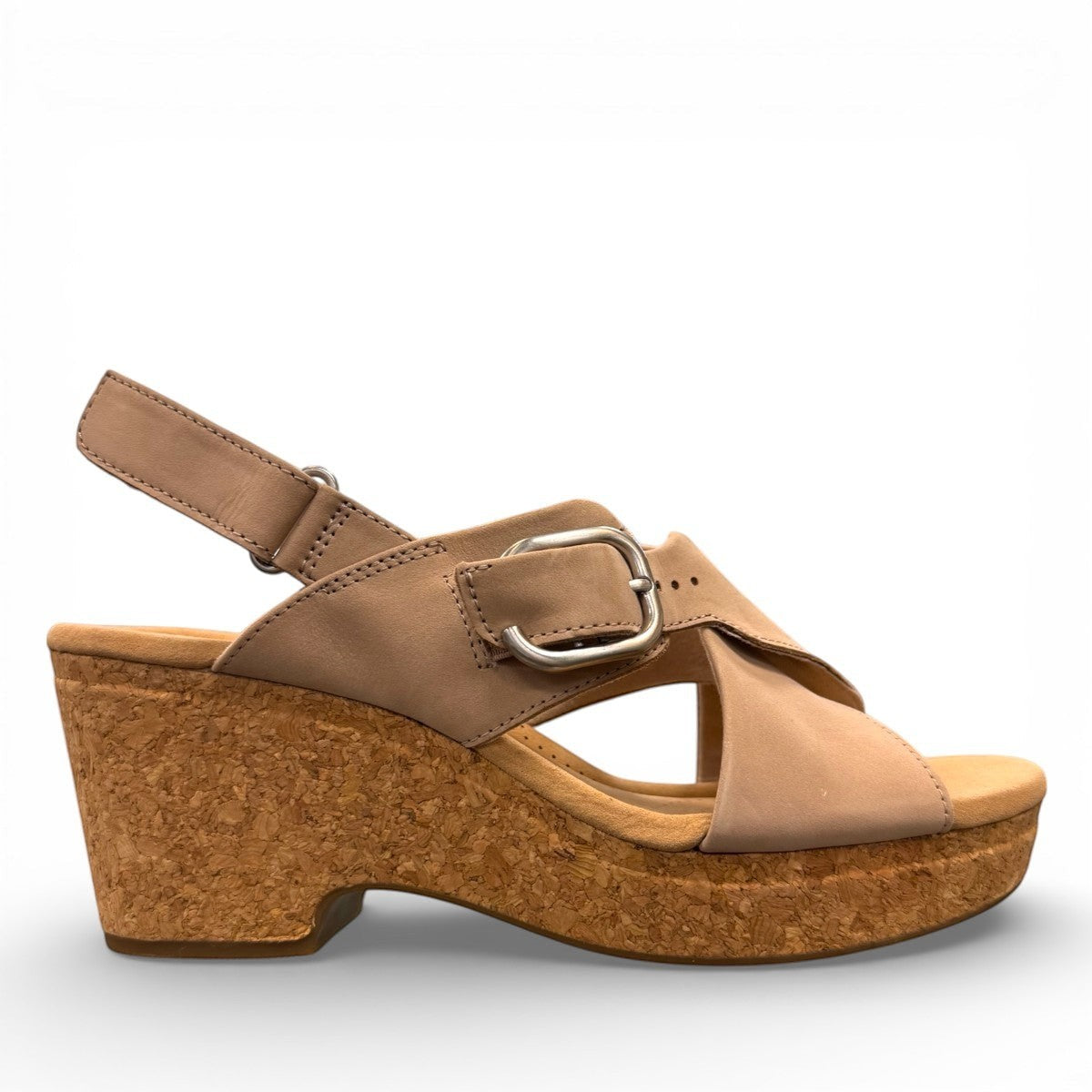 Clarks Giselle Dove sand nubuck leather wedge sandal with adjustable strap and cork heel. photo of the right side.
