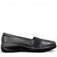 Clarks Kaetlyn Rhea black leather slip-on shoe with stretch panels and a comfortable rubber sole. photo of the right side.