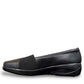 Clarks Kaetlyn Rhea black leather slip-on shoe with stretch panels and a comfortable rubber sole. photo of the left side.