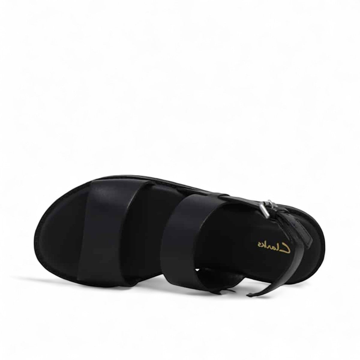 Clarks Karsea Strap black leather sandals with adjustable ankle strap and comfortable flat sole.  front view.