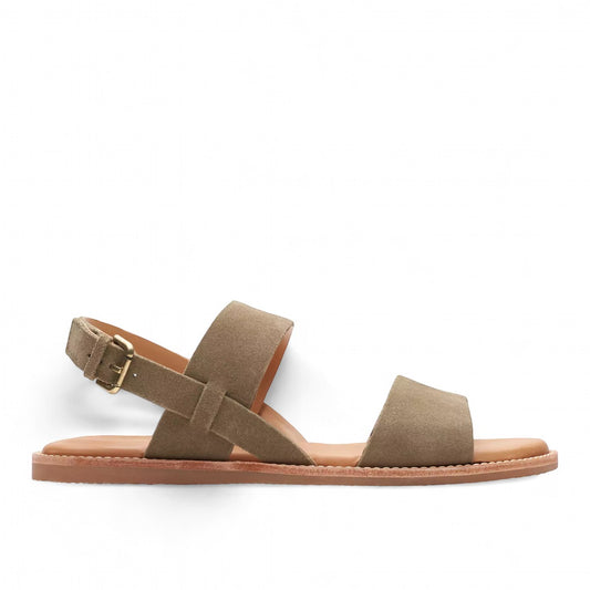 Clarks Karsea Strap olive suede sandal with adjustable ankle buckle and cushioned footbed. right view.