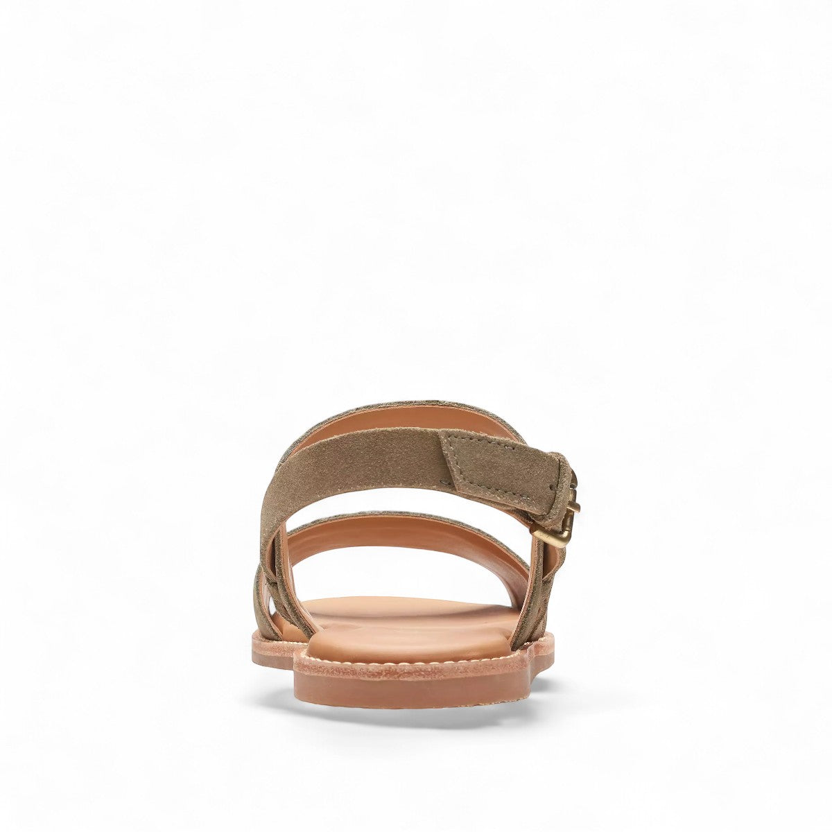 Clarks Karsea Strap olive suede sandal with adjustable ankle buckle and cushioned footbed. back view.