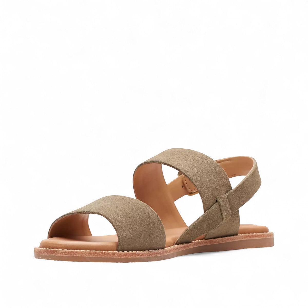 Clarks Karsea Strap olive suede sandal with adjustable ankle buckle and cushioned footbed. left view.