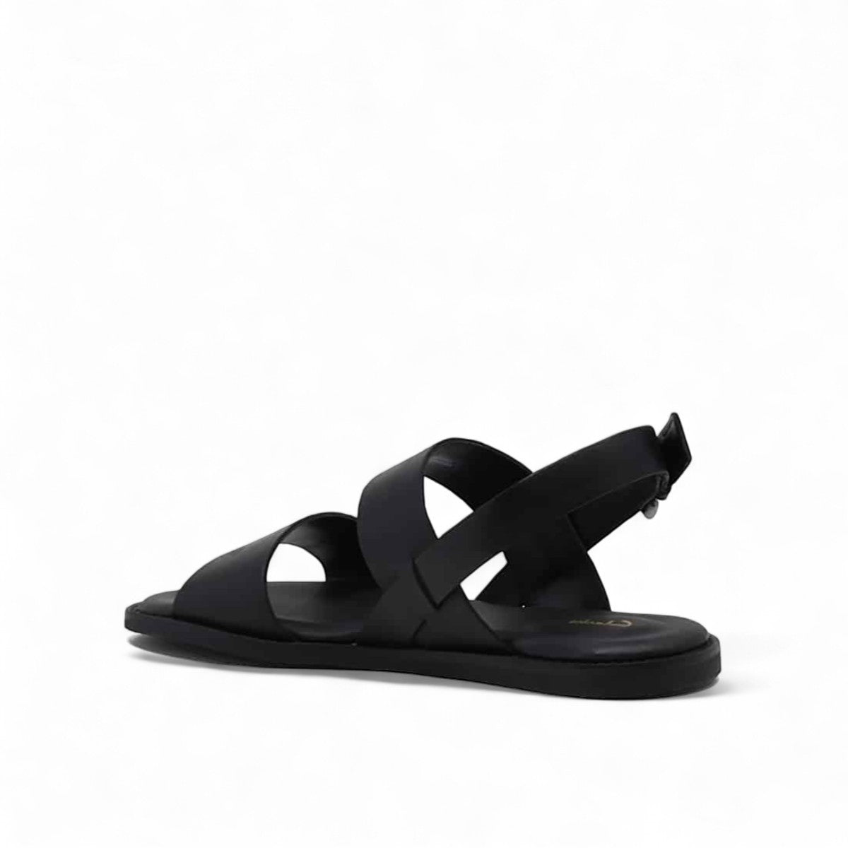 Clarks Karsea Strap black leather sandals with adjustable ankle strap and comfortable flat sole. back view.