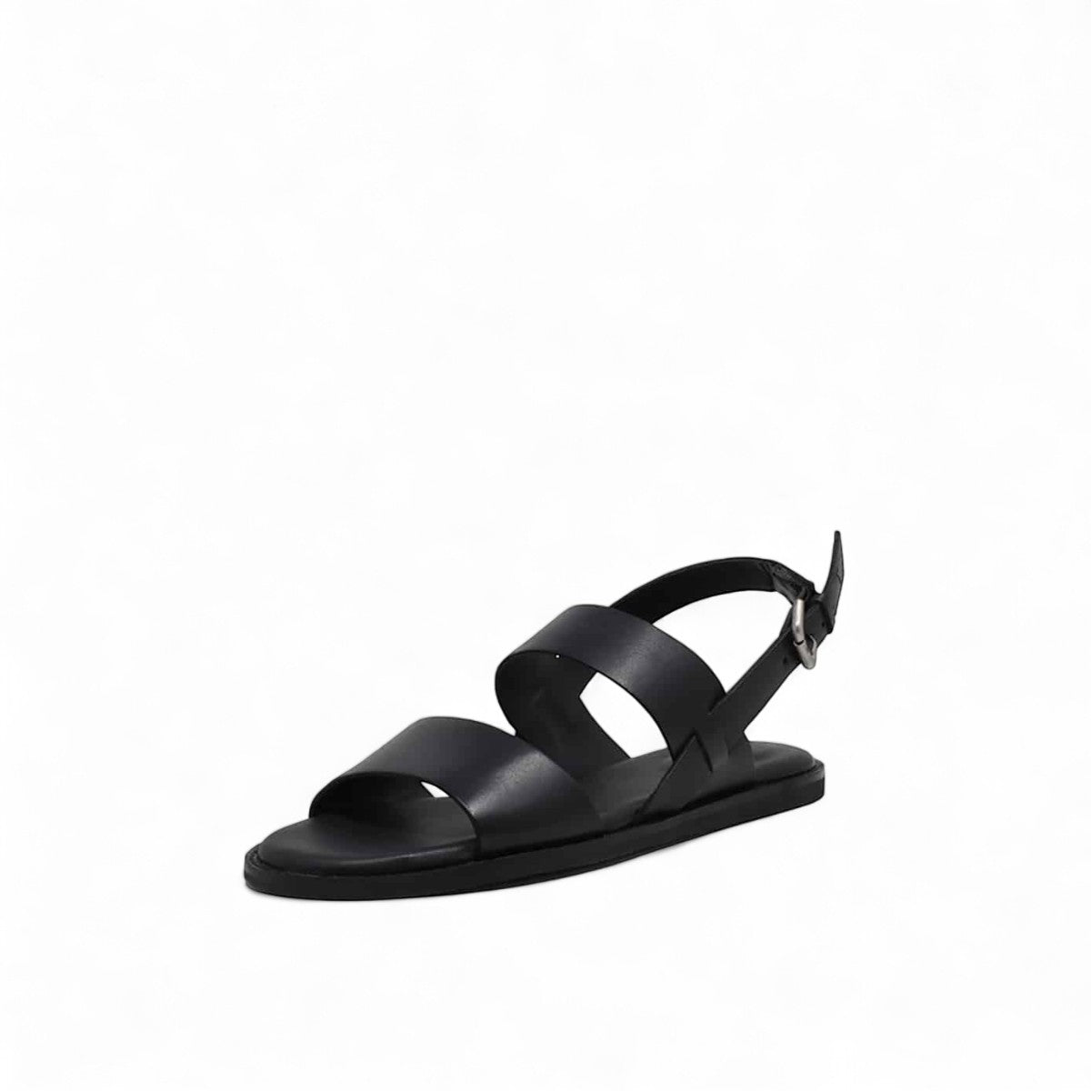 Clarks Karsea Strap black leather sandals with adjustable ankle strap and comfortable flat sole. front view.