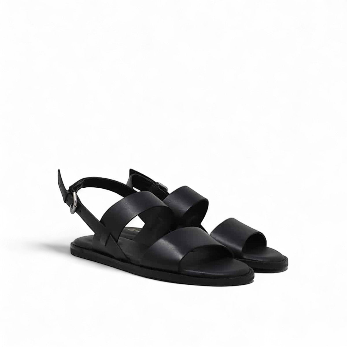 Clarks Karsea Strap black leather sandals with adjustable ankle strap and comfortable flat sole. front view.