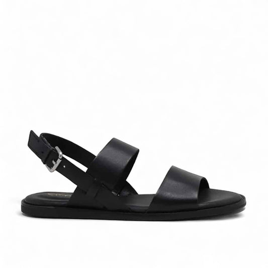 Clarks Karsea Strap black leather sandals with adjustable ankle strap and comfortable flat sole. right view.