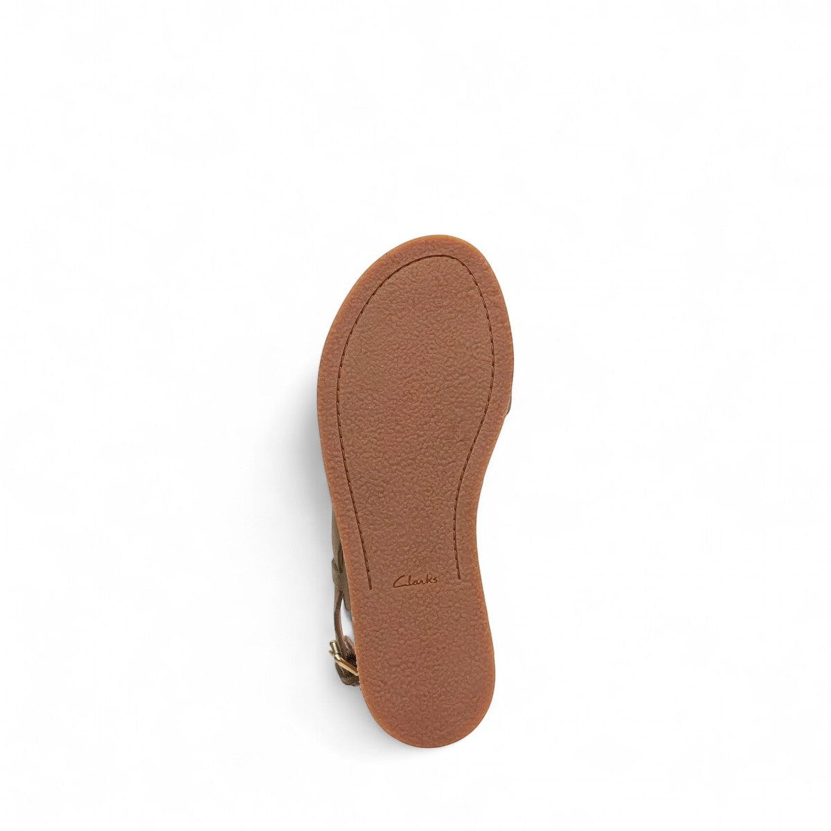 Clarks Karsea Strap olive suede sandal with adjustable ankle buckle and cushioned footbed. bottom view.
