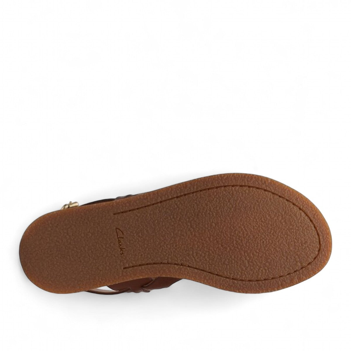 Clarks Karsea Strap tan and yellow leather sandals with adjustable buckle and cushioned footbed. bottom view.